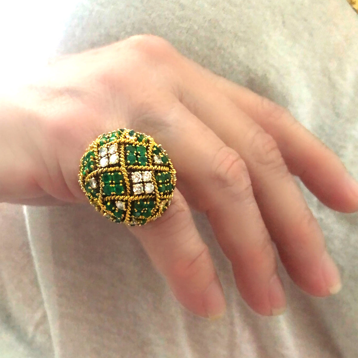 1960s Emerald & Diamond Cocktail Ring set in 18k Yellow Gold