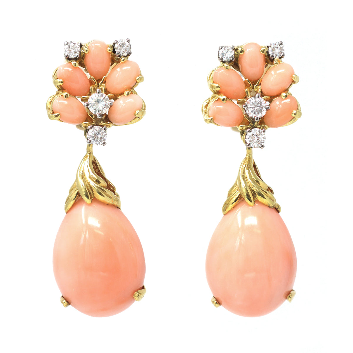 Signed La Triomphe Coral &amp; Diamond Dangling Earrings in 18K