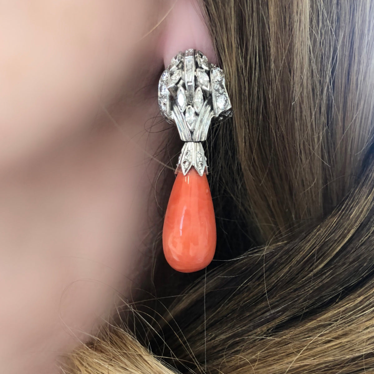 Coral Drop and Diamond Earrings Circa 1950 in Platinum model view