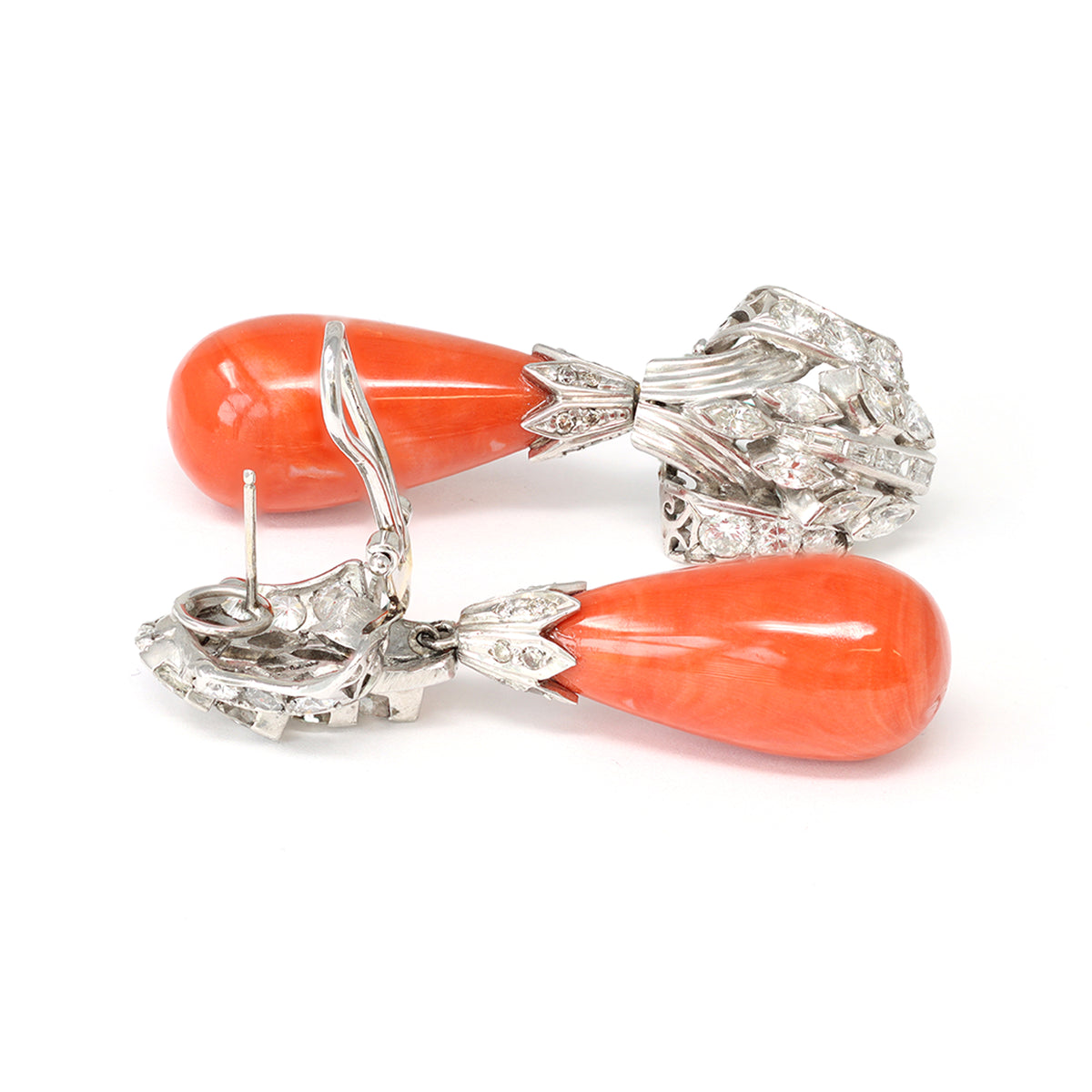 Coral Drop and Diamond Earrings Circa 1950 in Platinum omega view