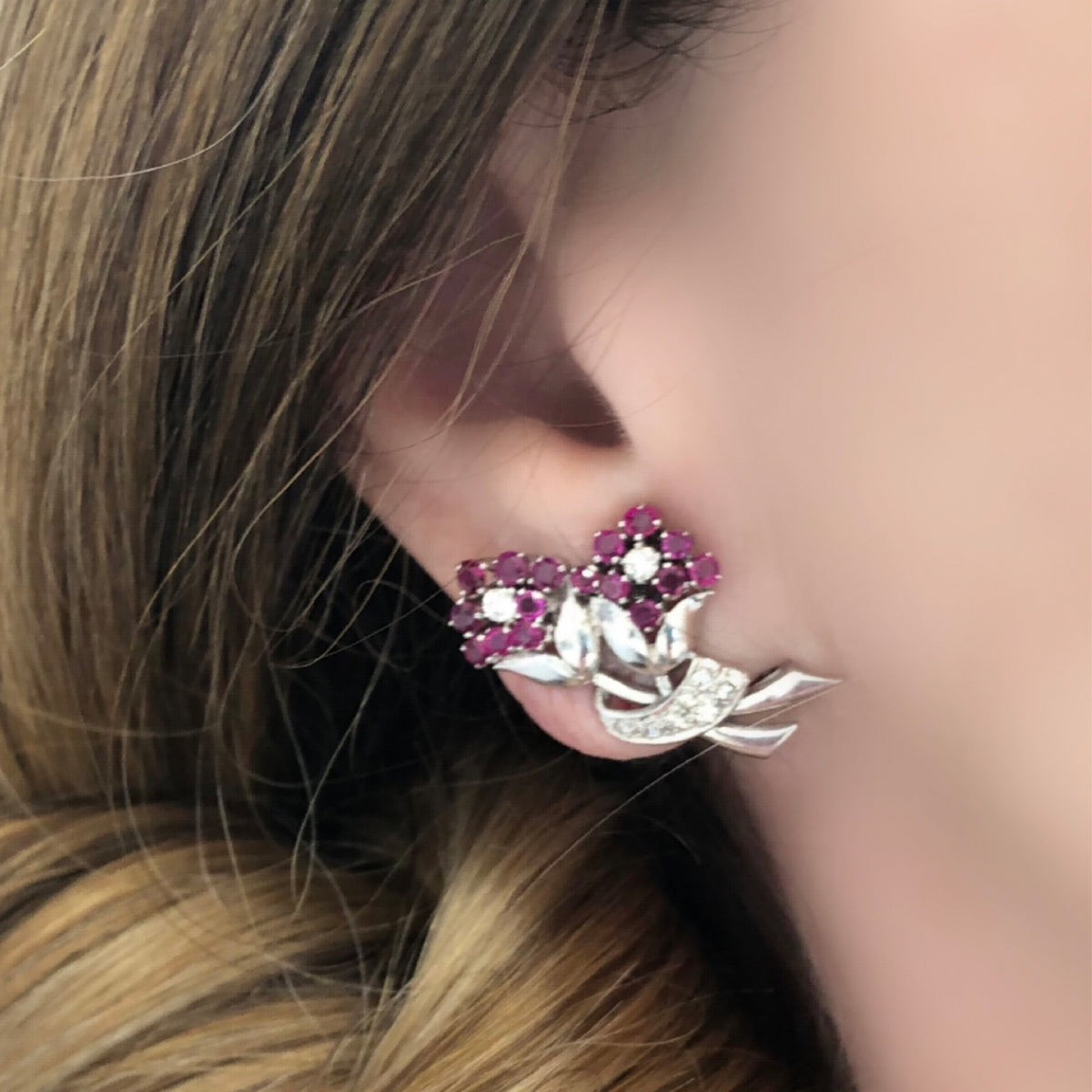 Platinum Ruby and Diamond Flower Clip-On Earrings, circa 1950 model view