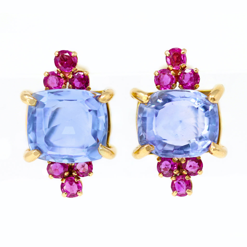 1940s Retro No Heat Ceylon Sapphire and Ruby Clip-on Earrings front view