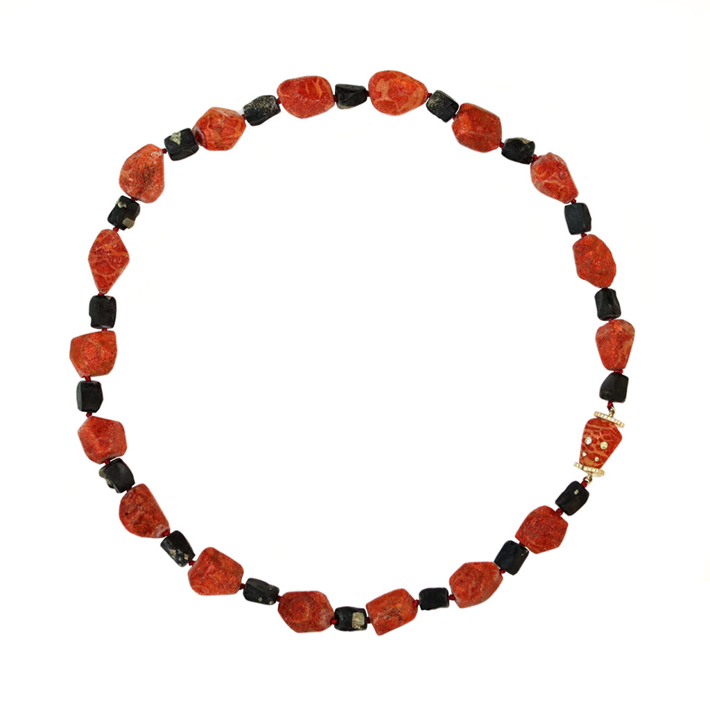 Fred Leighton Red Sponge Coral and Pyrite Beads Strand with 18 Karat Clasp top view