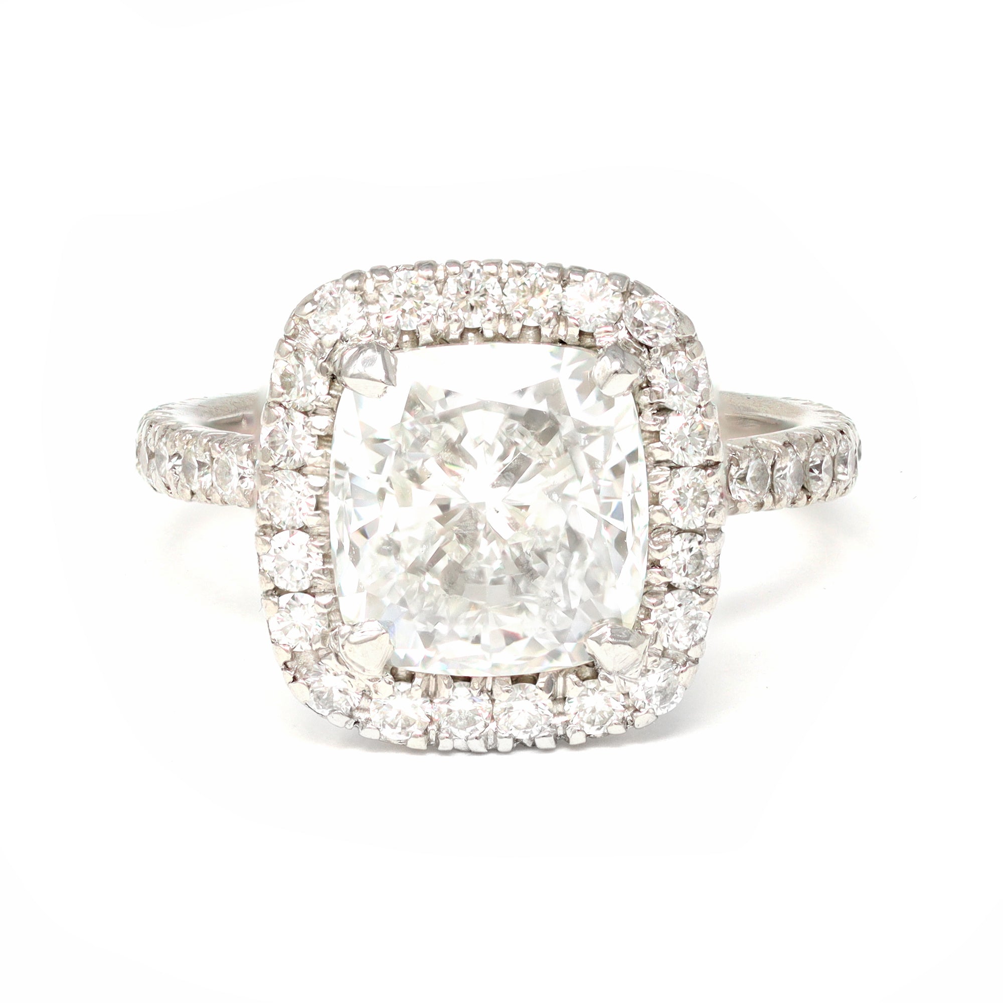 GIA Certified 3.07 Cushion Cut Solitaire Diamond Halo Ring in Platinum top view