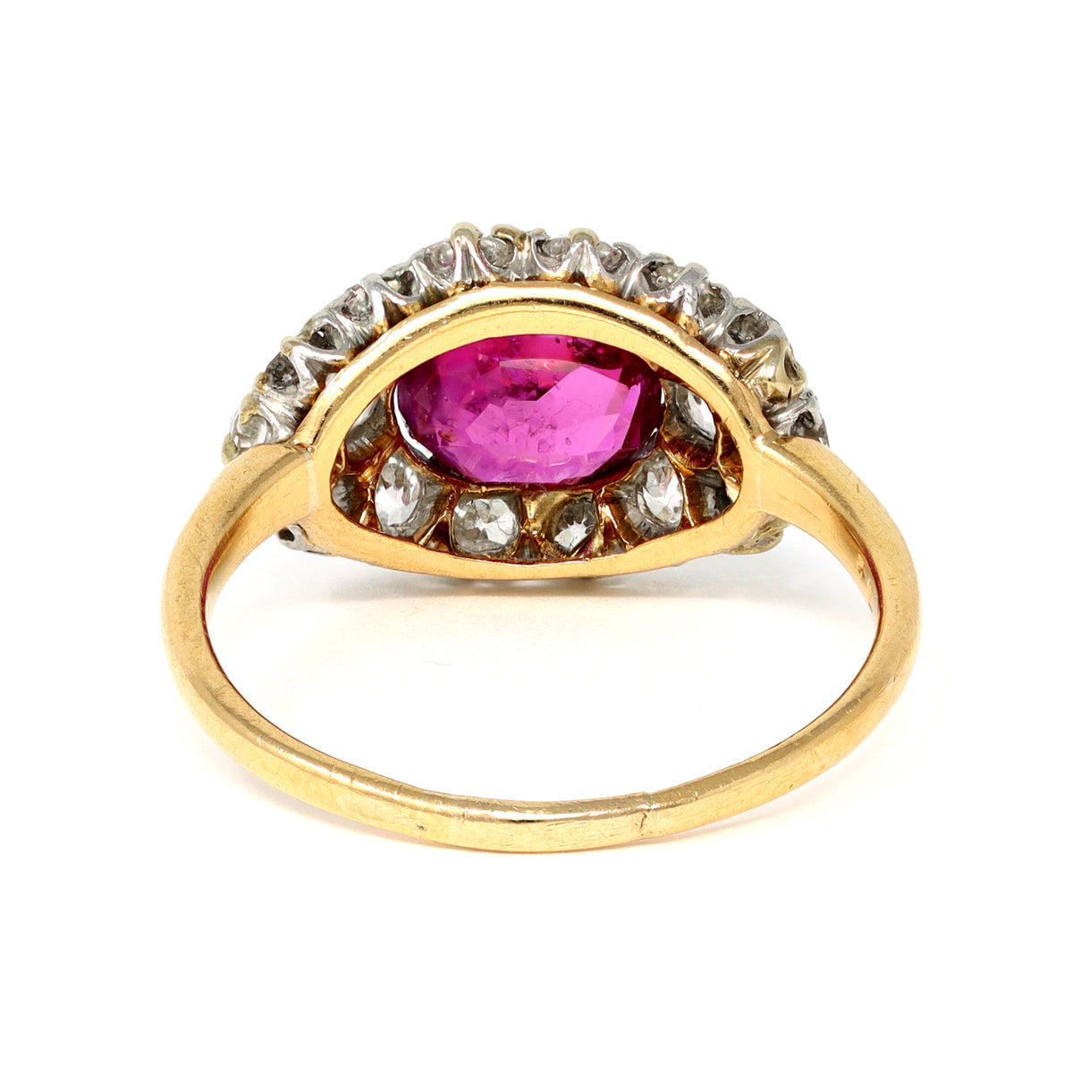 Victorian GIA Certified No Heat Burma Ruby Ring with Diamonds set in 18 karat yellow gold back view 