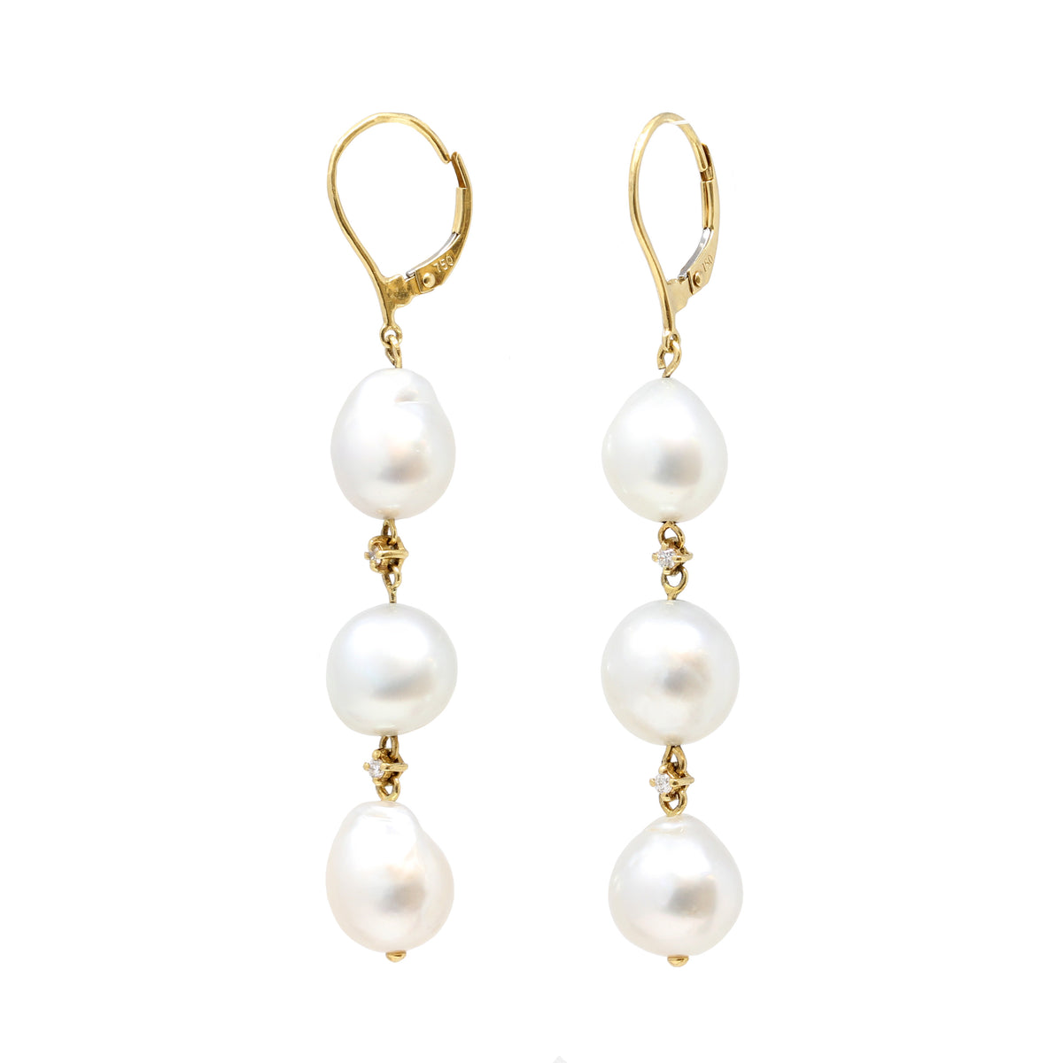 Pair of South Sea Baroque Pearls 18k Gold Dangling Earrings with Diamond Accents