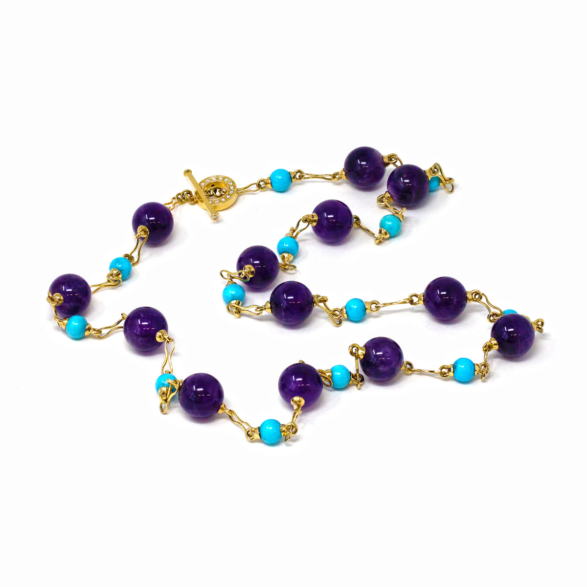 Signed Rosaria Varra Turquoise and Amethyst Beads Station Necklace 18 Karat