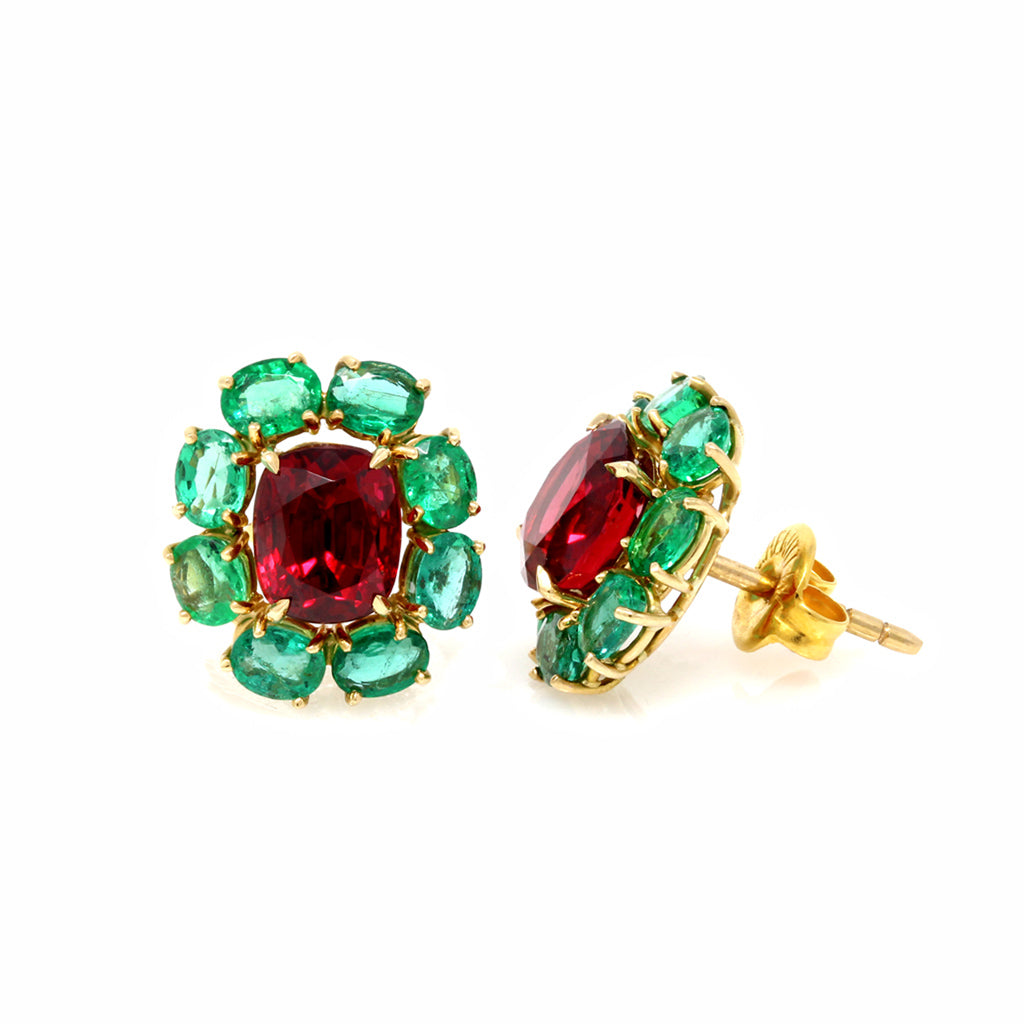 Rosaria Varra Natural No Heat Spinel (GIA) and Emerald Earrings in 18K Gold front and side view