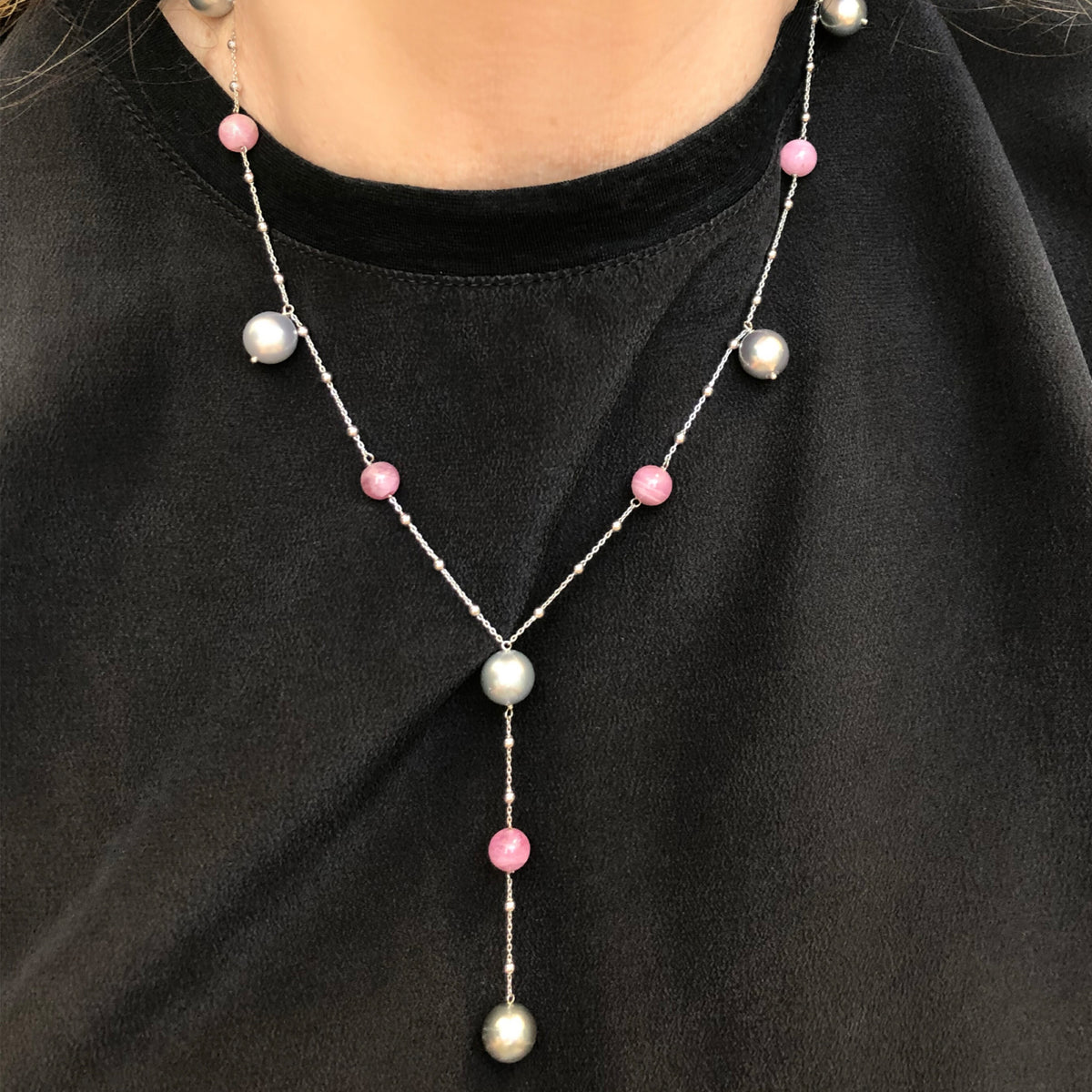 Tahitian Pearl and Pink Tourmaline Bead Station Necklace in 18k by Rosaria Varra model view