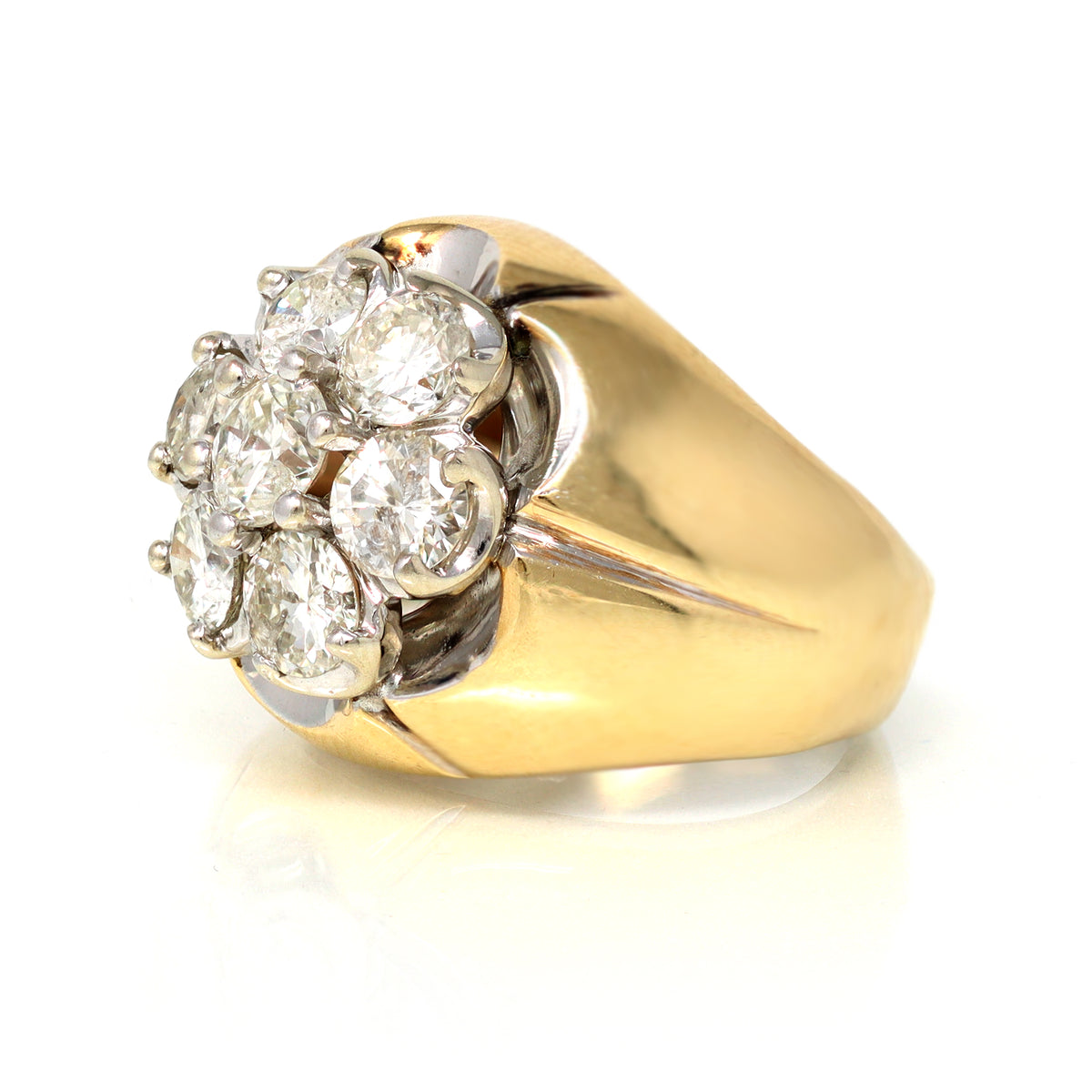Rosette diamond cocktail ring set in 14 karat yellow gold angle view