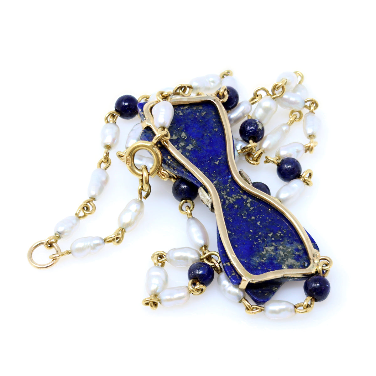 Antique Lapis Lazuli Bow Necklace with Pearls in Yellow Gold