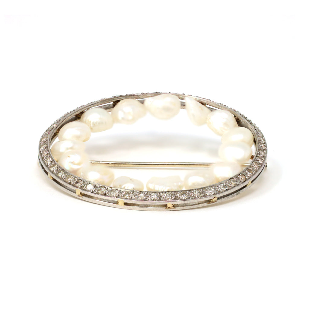 Natural Tennesse Pearls and Single Cut Diamond Brooch in Platinum, circa 1930 angle view
