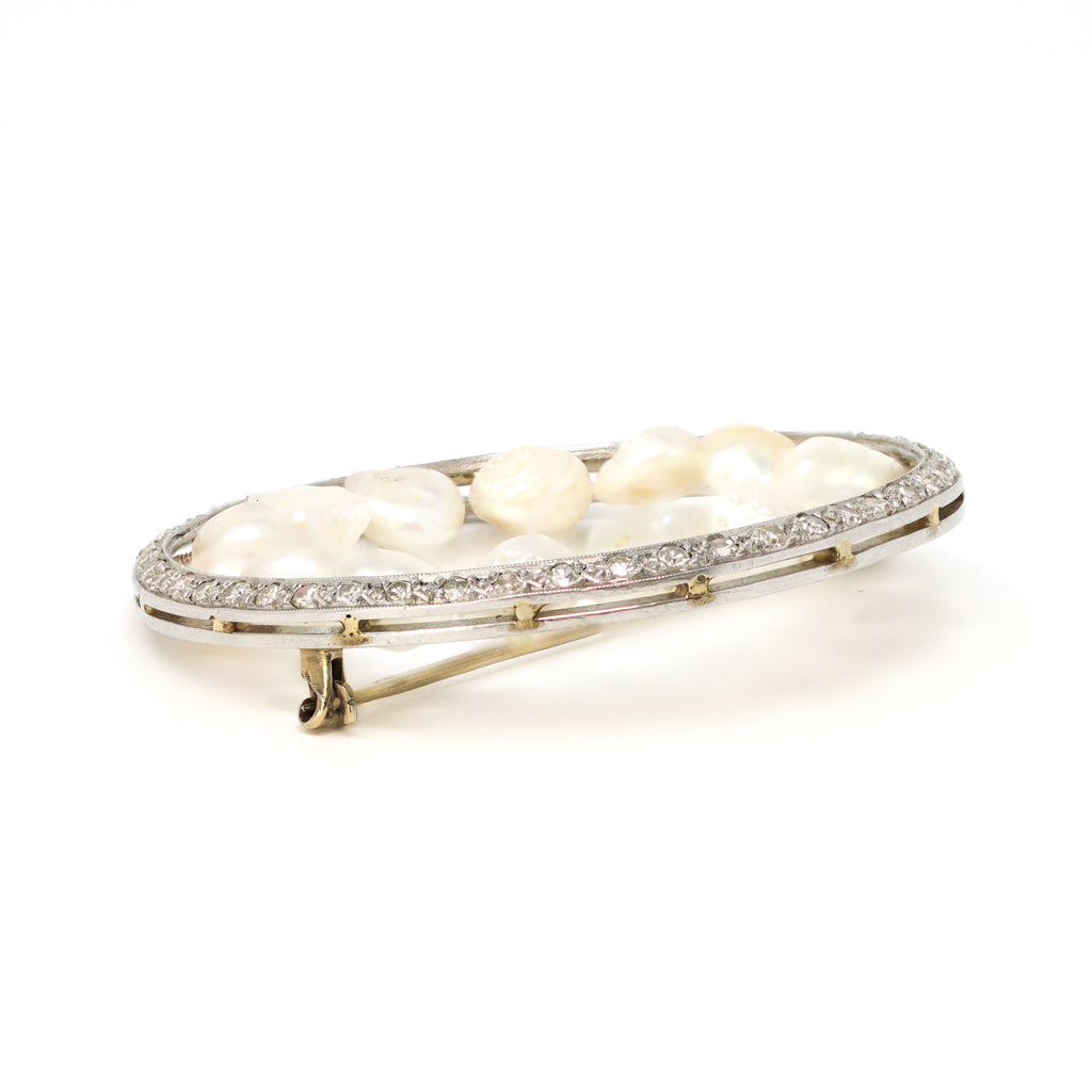 Natural Tennesse Pearls and Single Cut Diamond Brooch in Platinum, circa 1930 side view