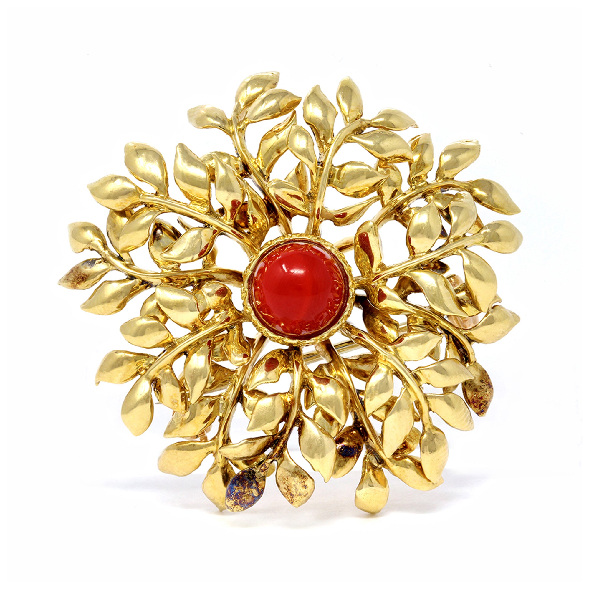 Tiffany & Co. 18 Karat Red Coral and Yellow Gold Brooch front view