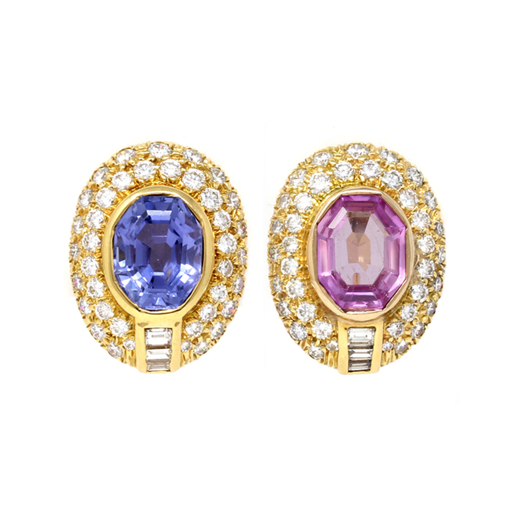 Unheated Blue & Pink Sapphire Clip-on Earrings front view