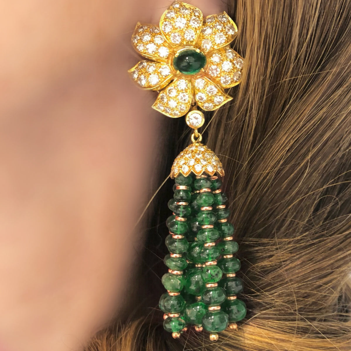 Emerald Bead and Diamond Tassel Pendant 18k Gold Earclips tassel model view