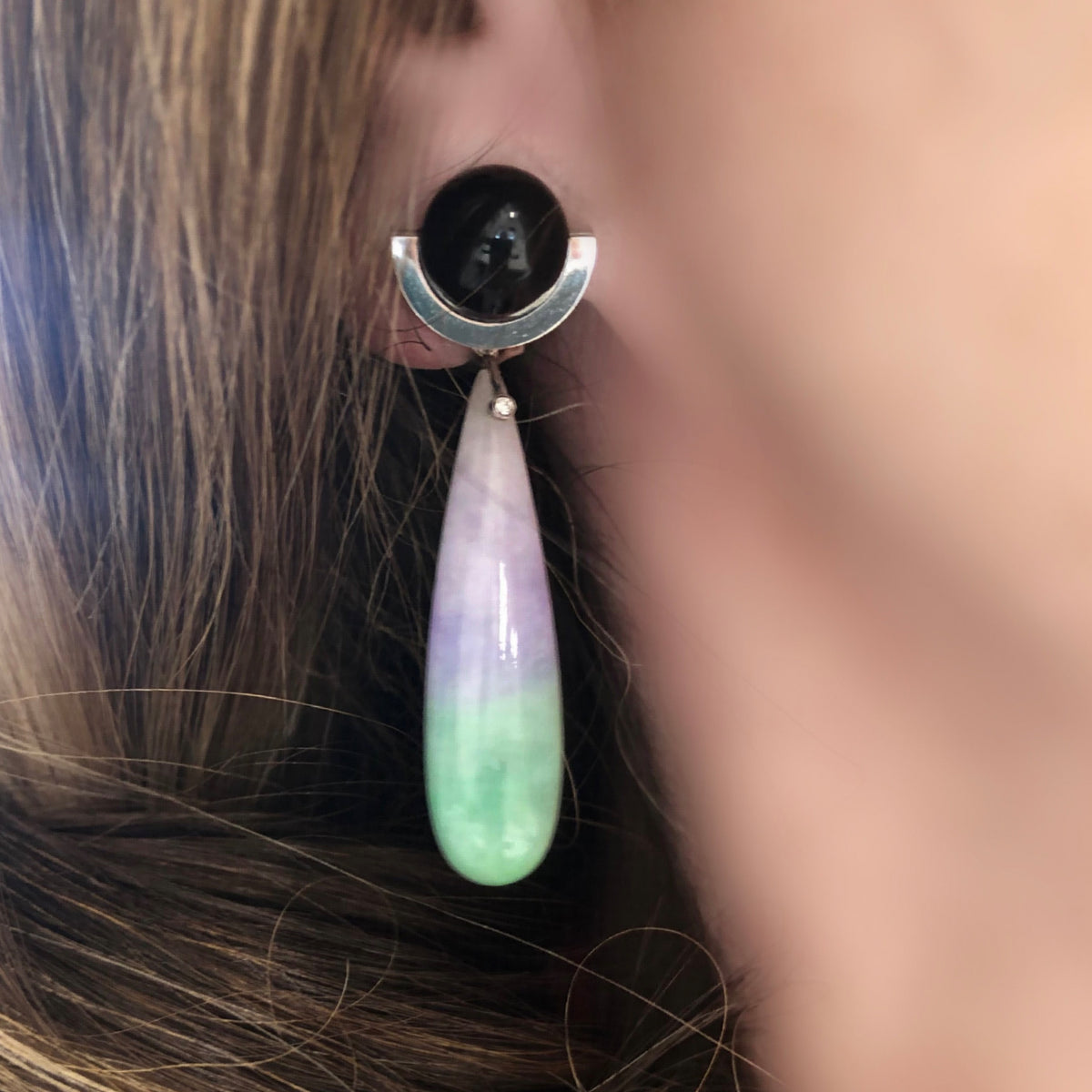 Art Deco Jade &amp; Onyx Pendant Ear-Clips model view