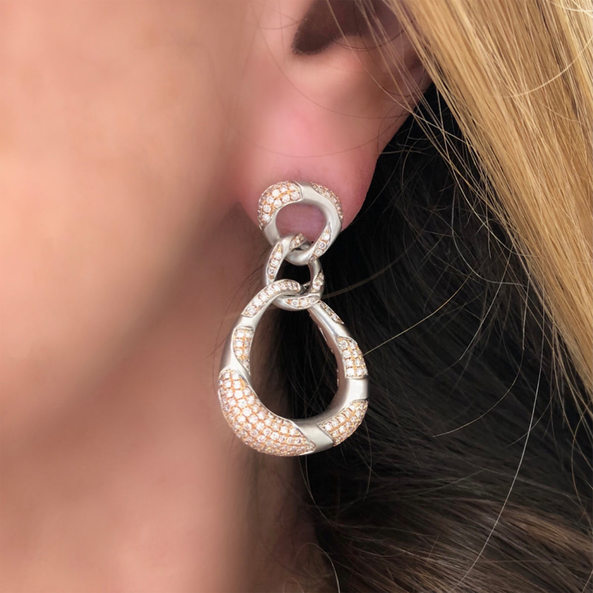 Pink and White Diamond &amp; 18k Gold Pendant Earrings model view