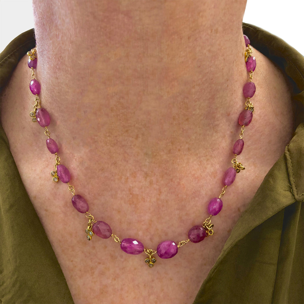 Rosaria Varra Pink Sapphire Bead and Diamond Necklace model vierw