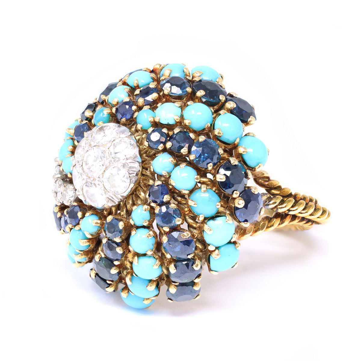 CA 1960 18K Sapphire Turquoise and diamond Swirl Cocktail Ring in 18k