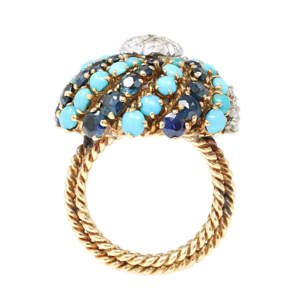CA 1960 18K Sapphire Turquoise and diamond Swirl Cocktail Ring in 18k