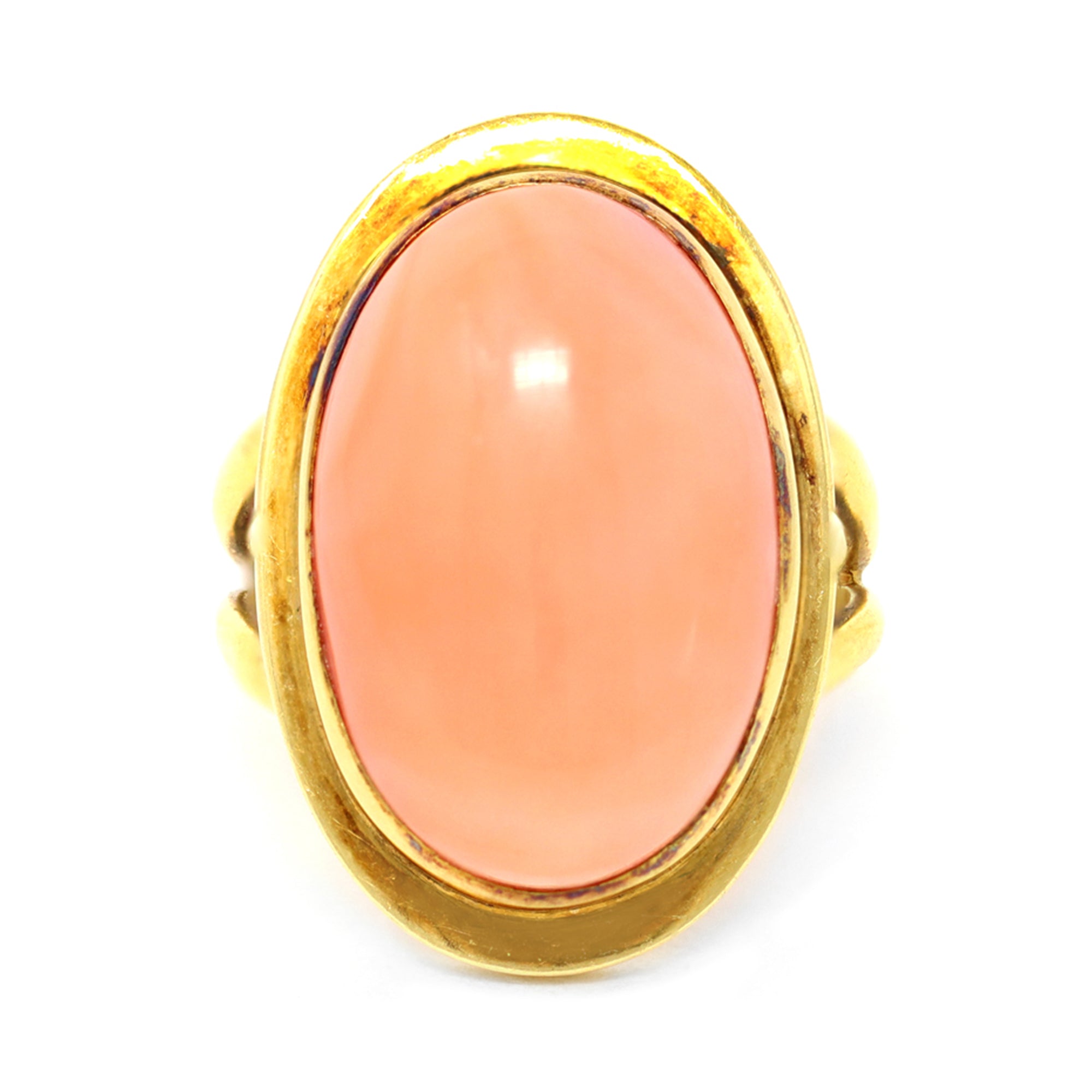 1950s 18 karat yellow gold pink coral ring top view