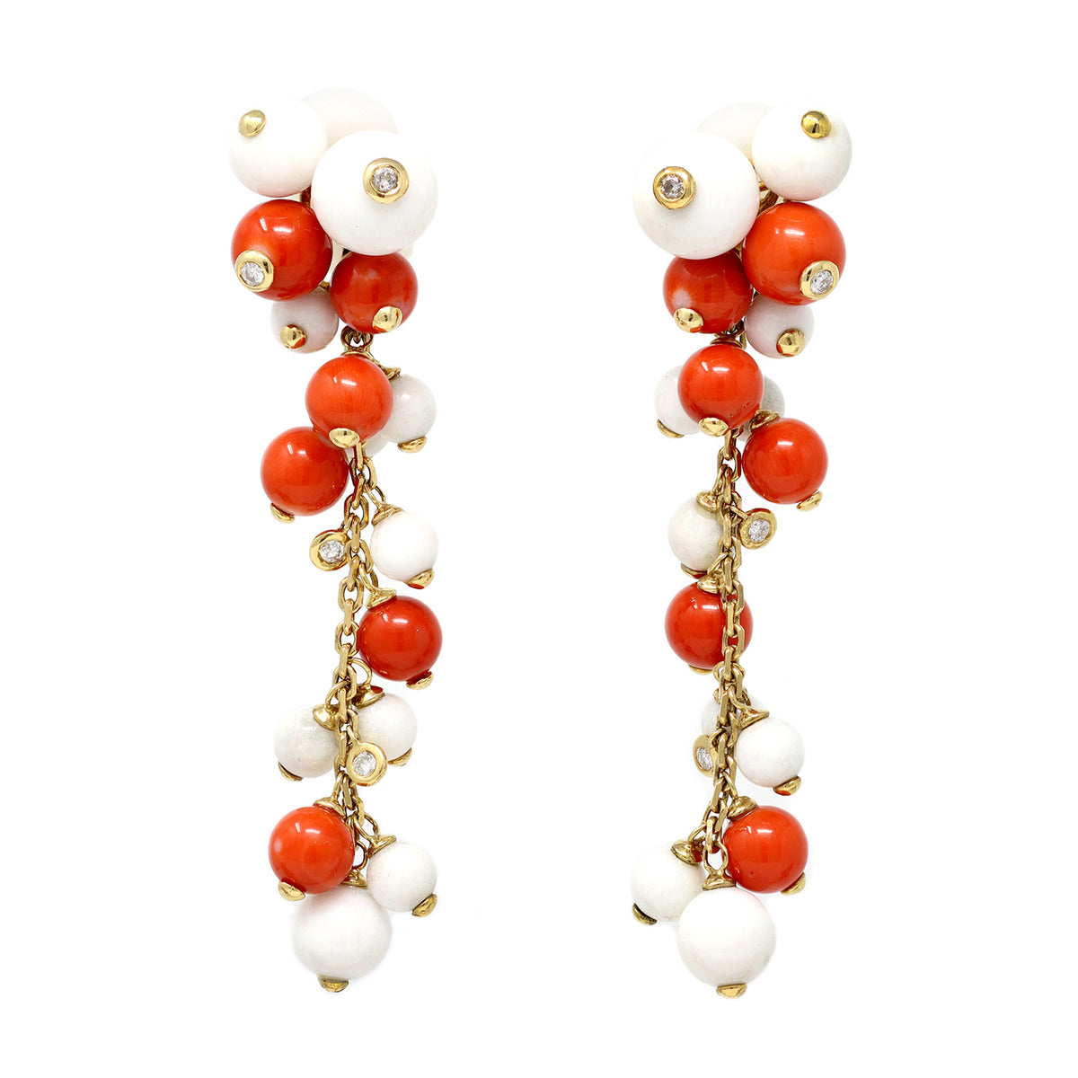 talian Coral, White Agate Beads and Diamonds Dangling Earrings in 18 Karat Gold front view