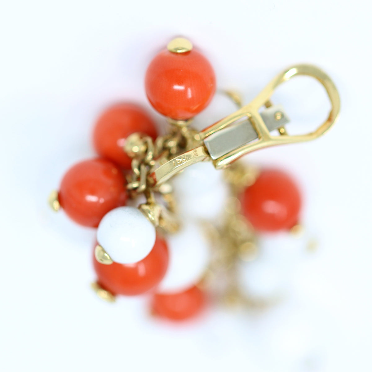 talian Coral, White Agate Beads and Diamonds Dangling Earrings in 18 Karat Gold 750 hallmark view