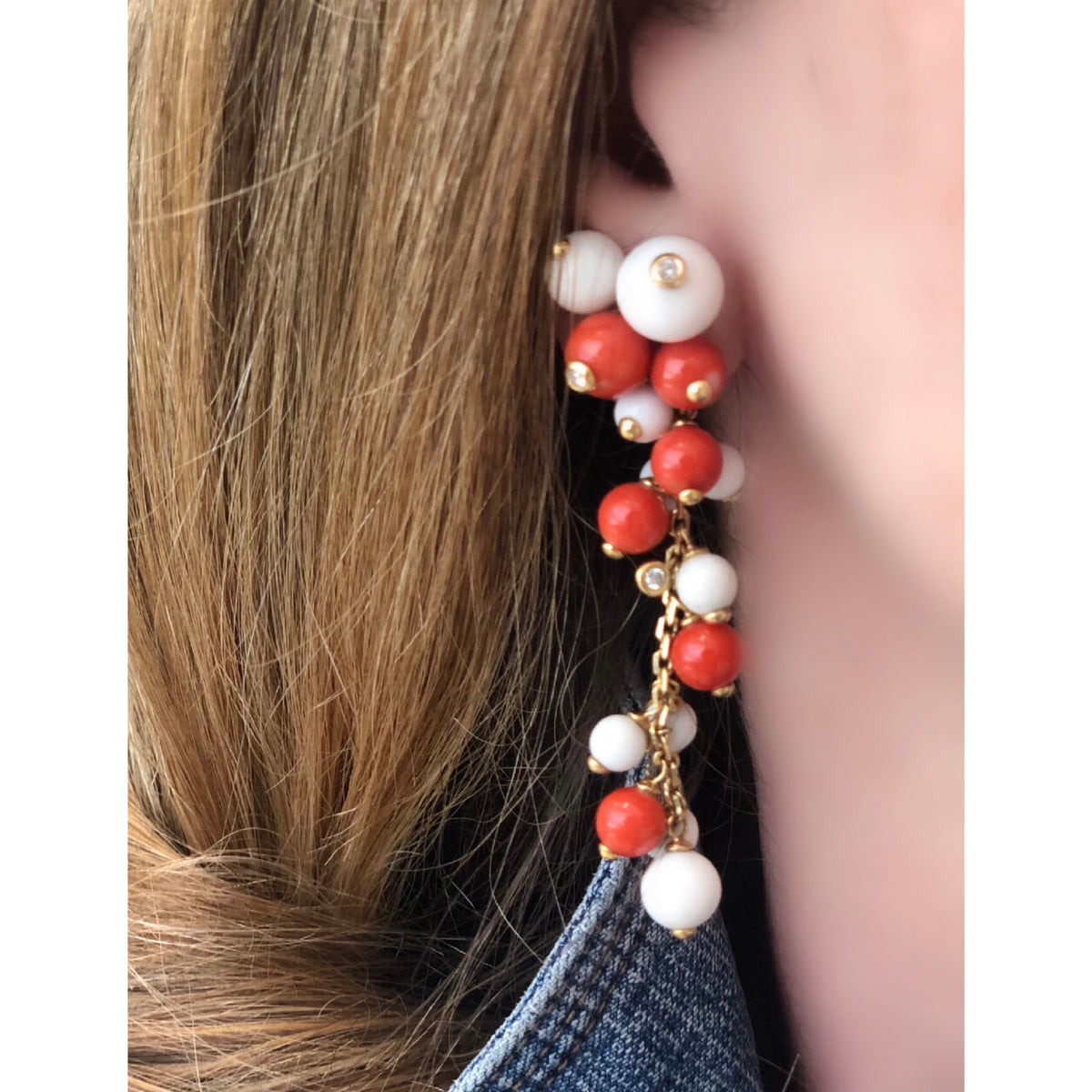 talian Coral, White Agate Beads and Diamonds Dangling Earrings in 18 Karat Gold model view