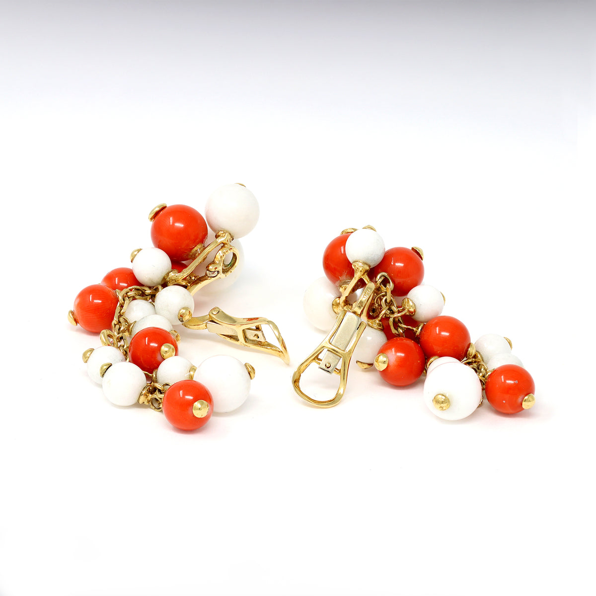 talian Coral, White Agate Beads and Diamonds Dangling Earrings in 18 Karat Gold clips view