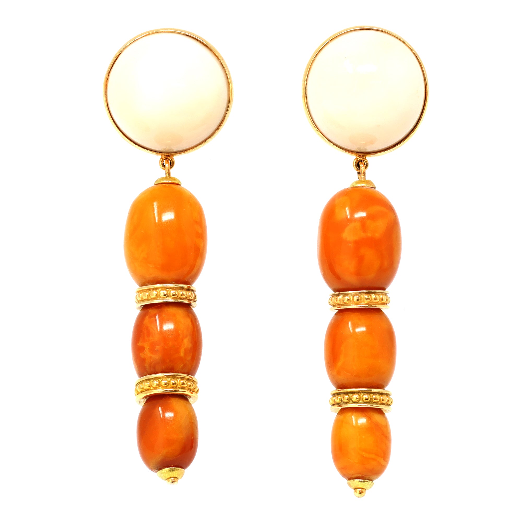 Natural Butter-scotch Amber & White Coral earring in 14k
