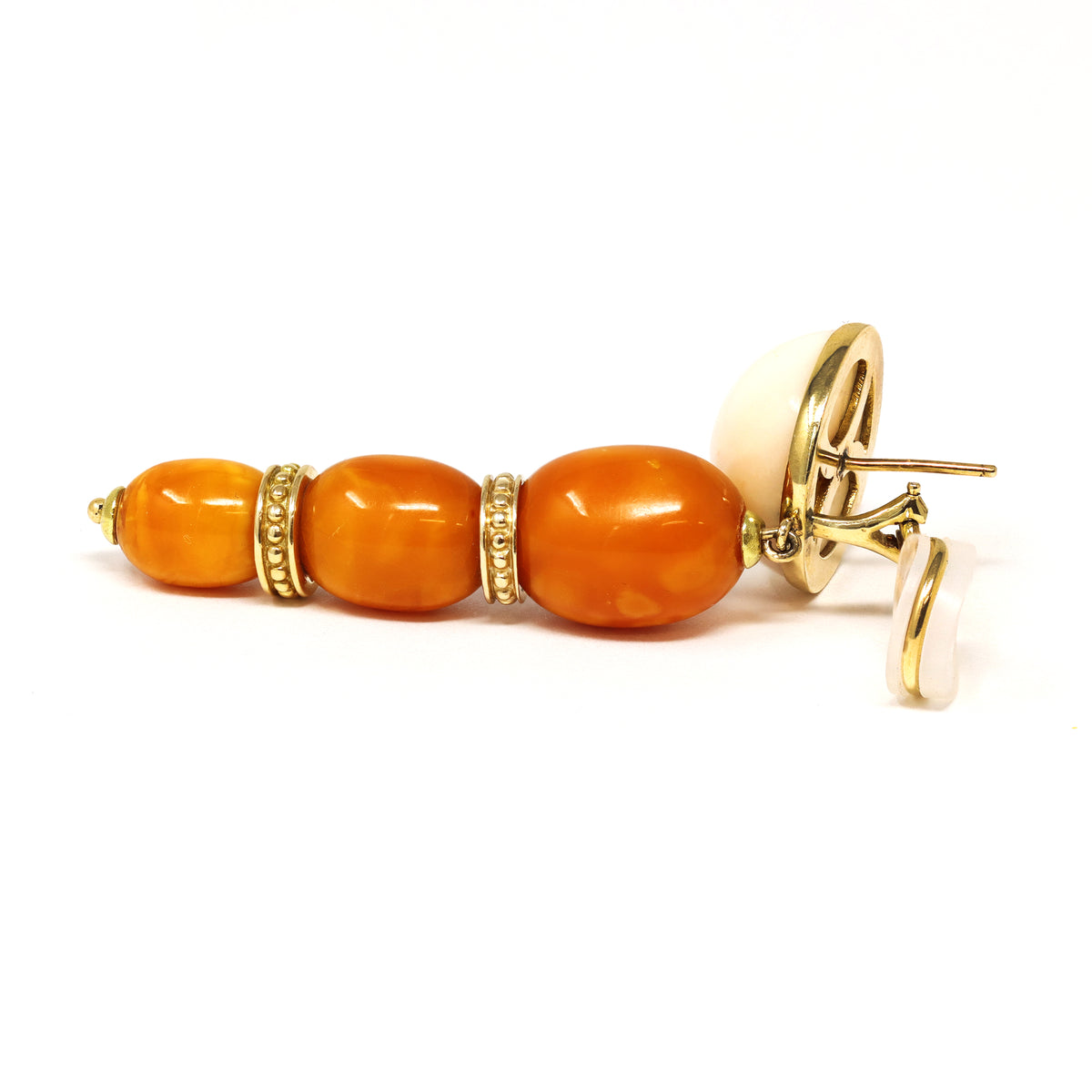 Natural Butter-scotch Amber &amp; White Coral earring in 14k