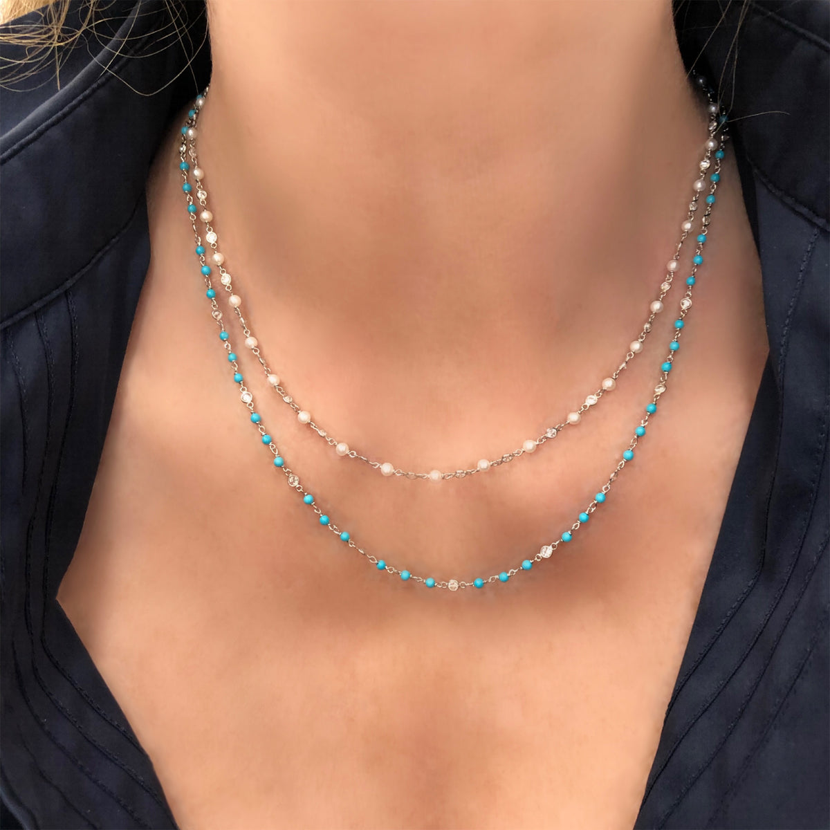 Signed Rosaria Varra Turquoise and Diamond Necklace Set in Platinum