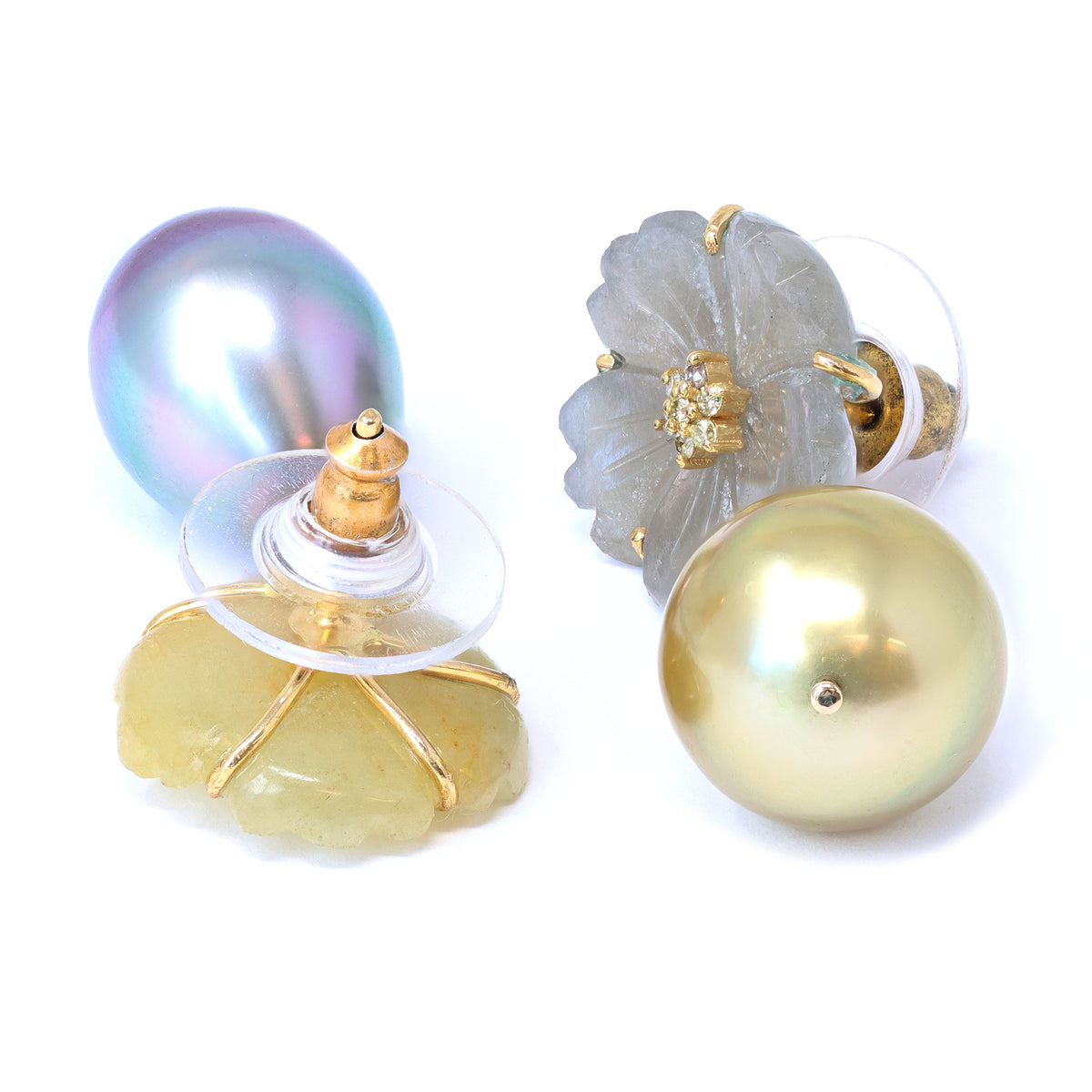 Reverso South-sea Pearl &amp; Sapphire Flower Dangle Earrings in 18K