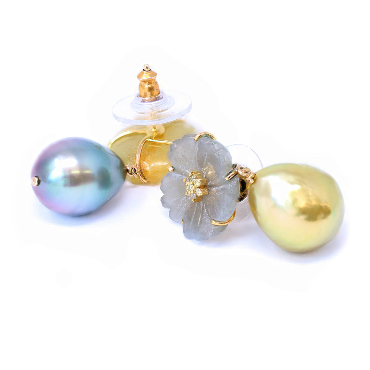 Reverso South-sea Pearl &amp; Sapphire Flower Dangle Earrings in 18K