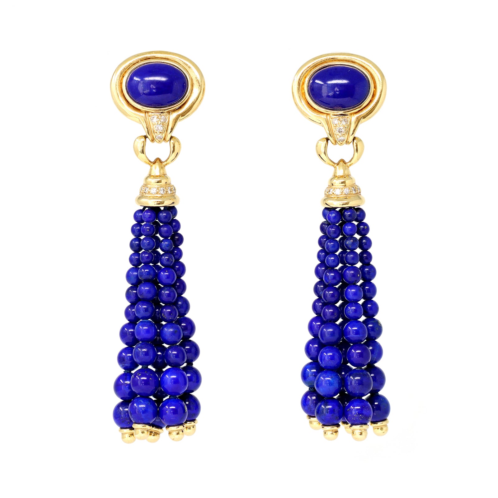 Pair of 1970s 18-Karat Yellow Gold Lapis Lazuli Tassel Bead Ear-Clips
