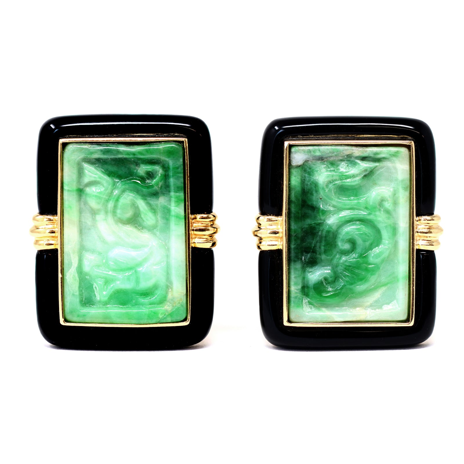 Carved Jade and Onyx Clip Earrings CA 1970 in 14K
