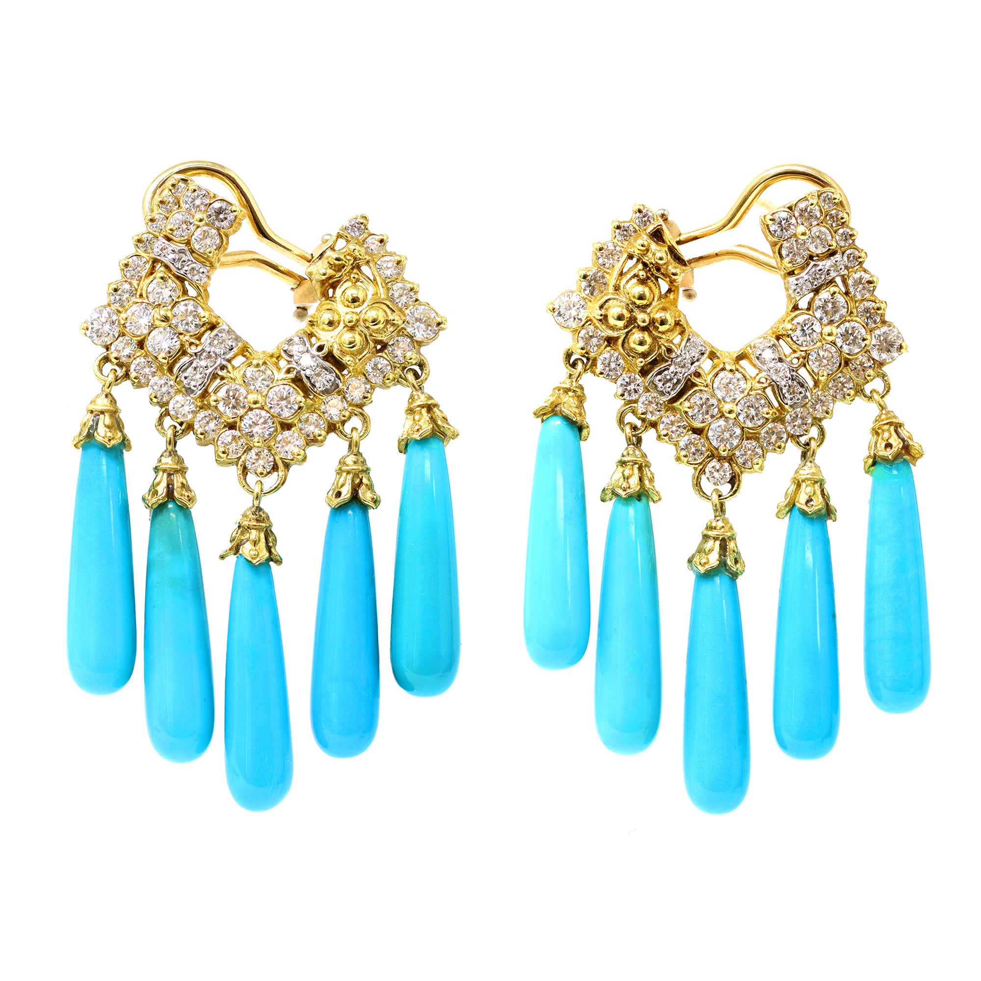 Stambolian Turquoise and Diamond Chandelier Earrings in 18 Karat Yellow Gold