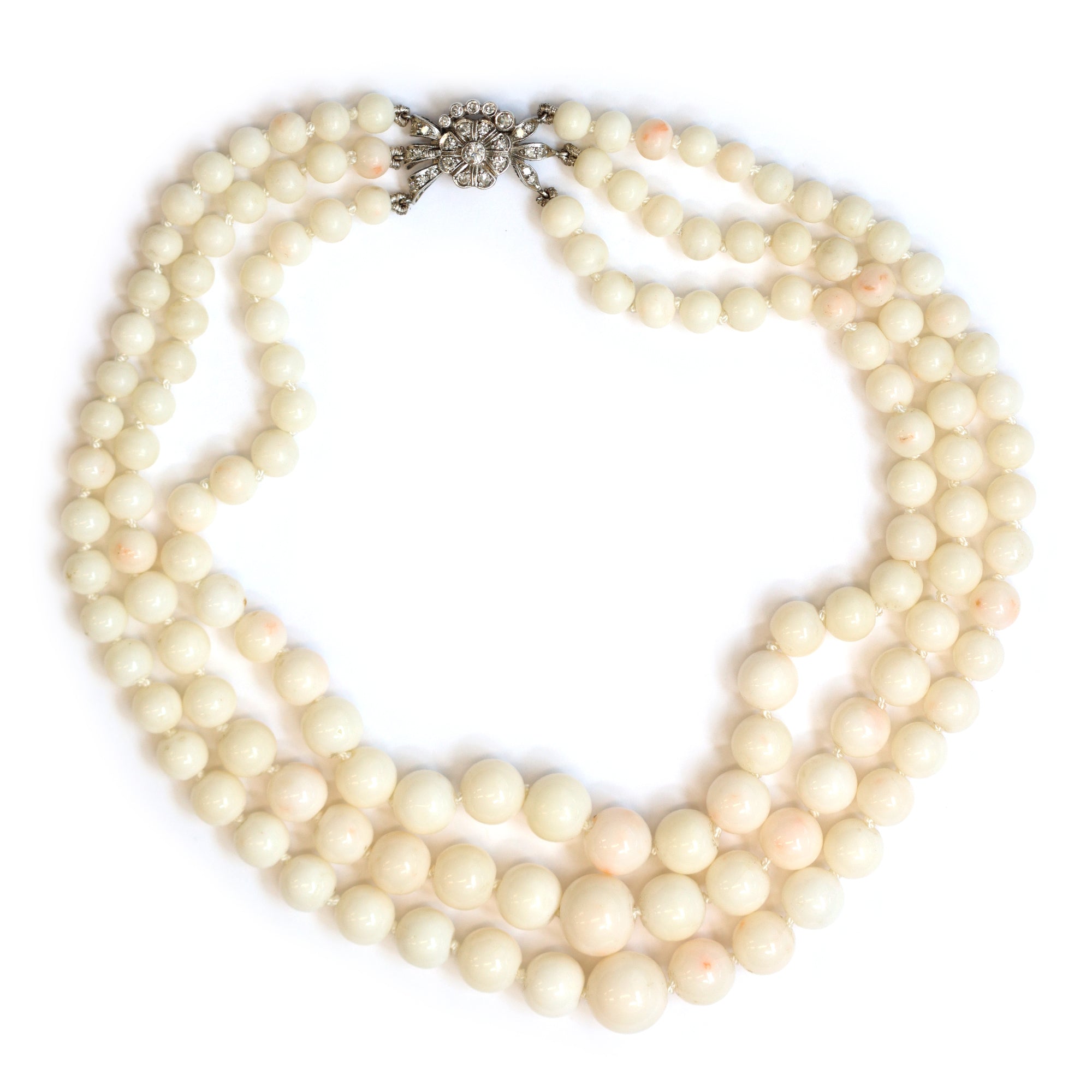 Vintage Triple Strand of White Coral Necklace with Platinum Diamond Clasp