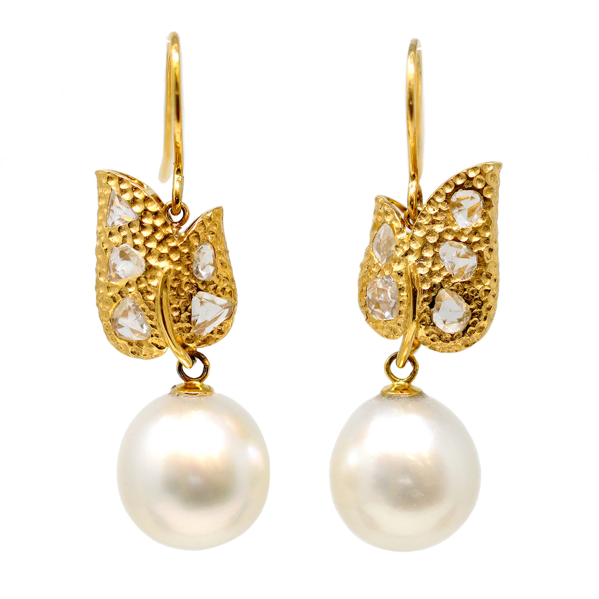  South Sea Pearl and Rose Cut Diamond Earrings in 18 Karat Yellow Gold front view