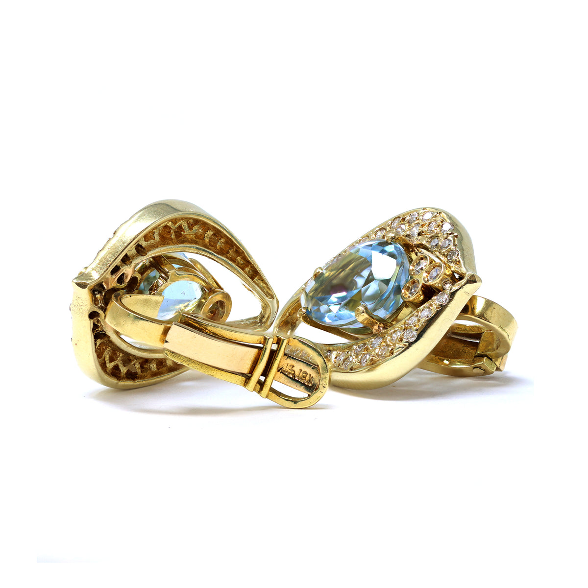 Aquamarine &amp; Diamond Clip-on Earrings set in 18K Yellow Gold CA 1980 hallmarks view