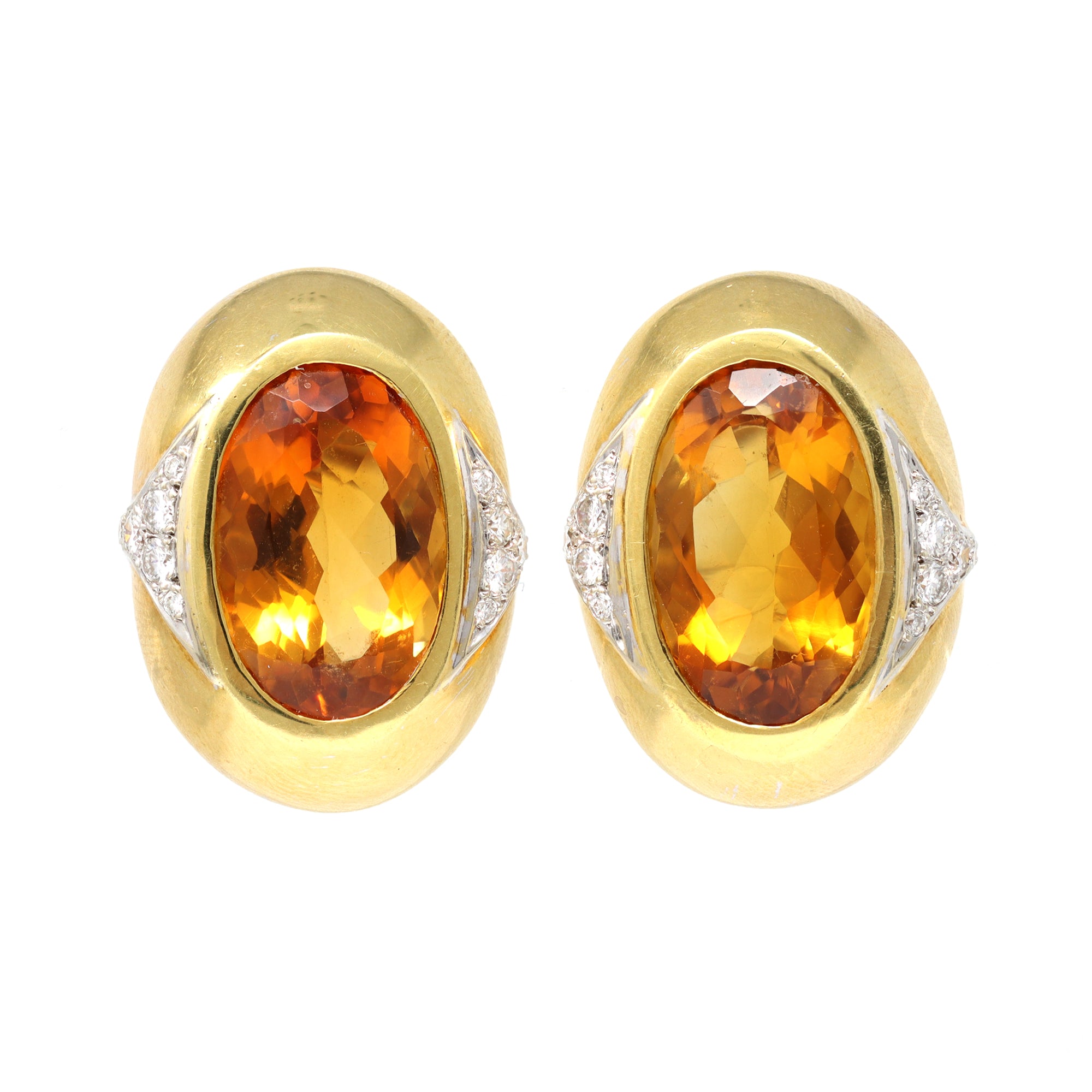 Citrine and Diamond Clip on Earrings c.1980 Set in 18k Gold front view