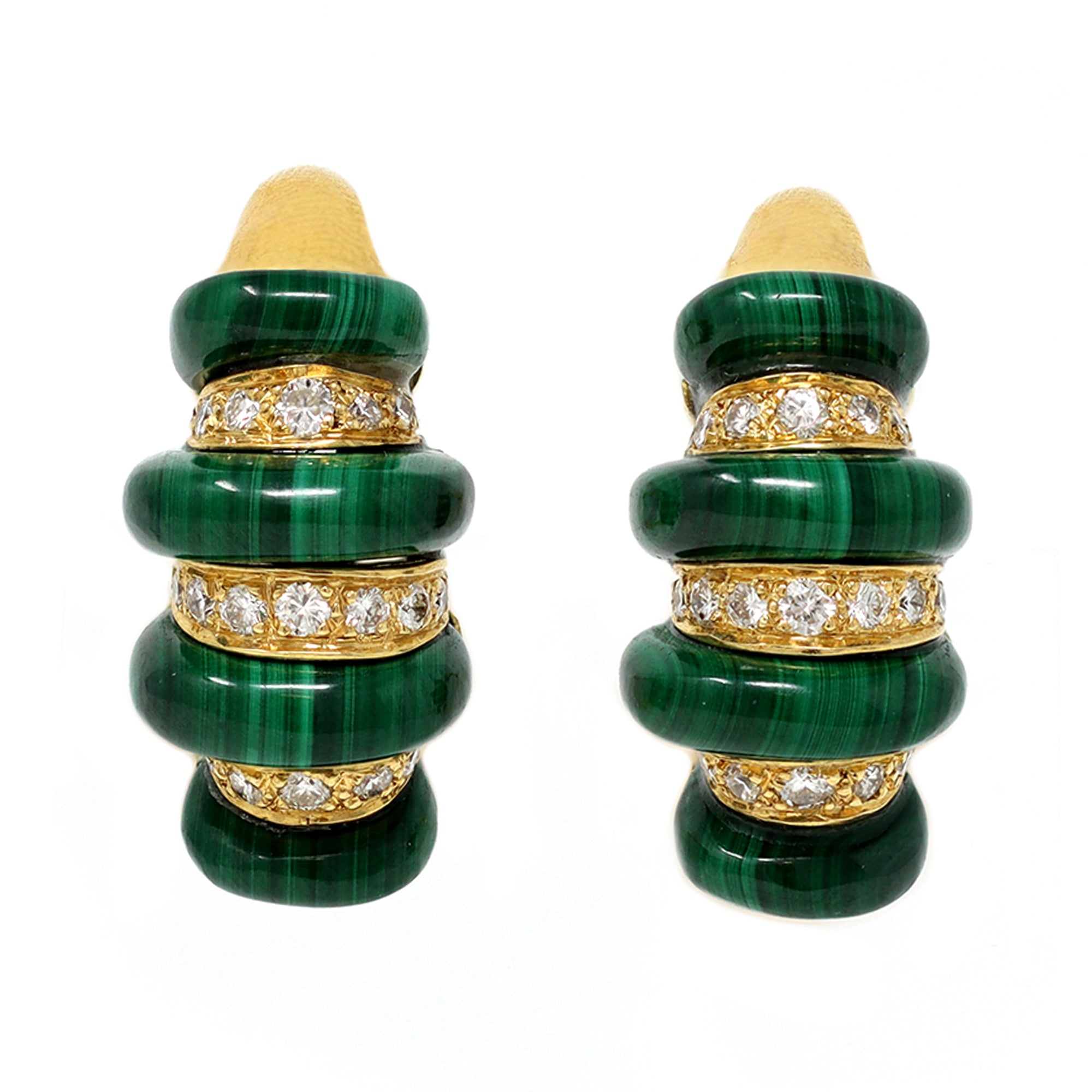18 Karat Yellow Gold Malachite and Diamond Hoop Earrings, circa 1970 front view