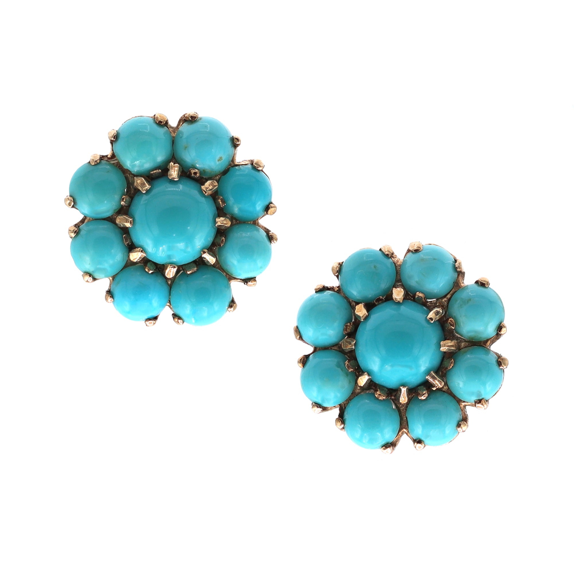 Late Victorian Natural Turquoise Florette Earrings in 10k front view