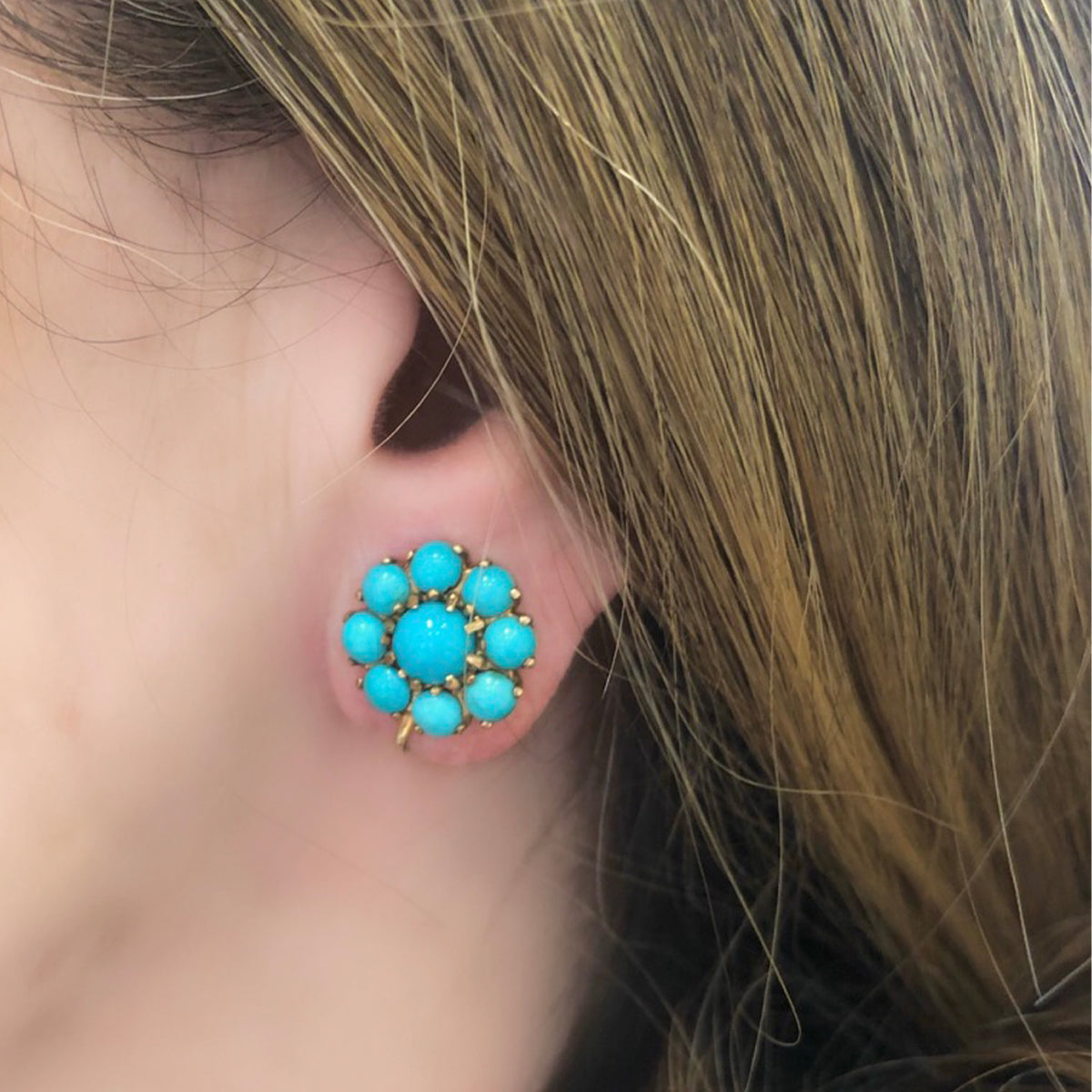 Late Victorian Natural Turquoise Florette Earrings in 10k model view