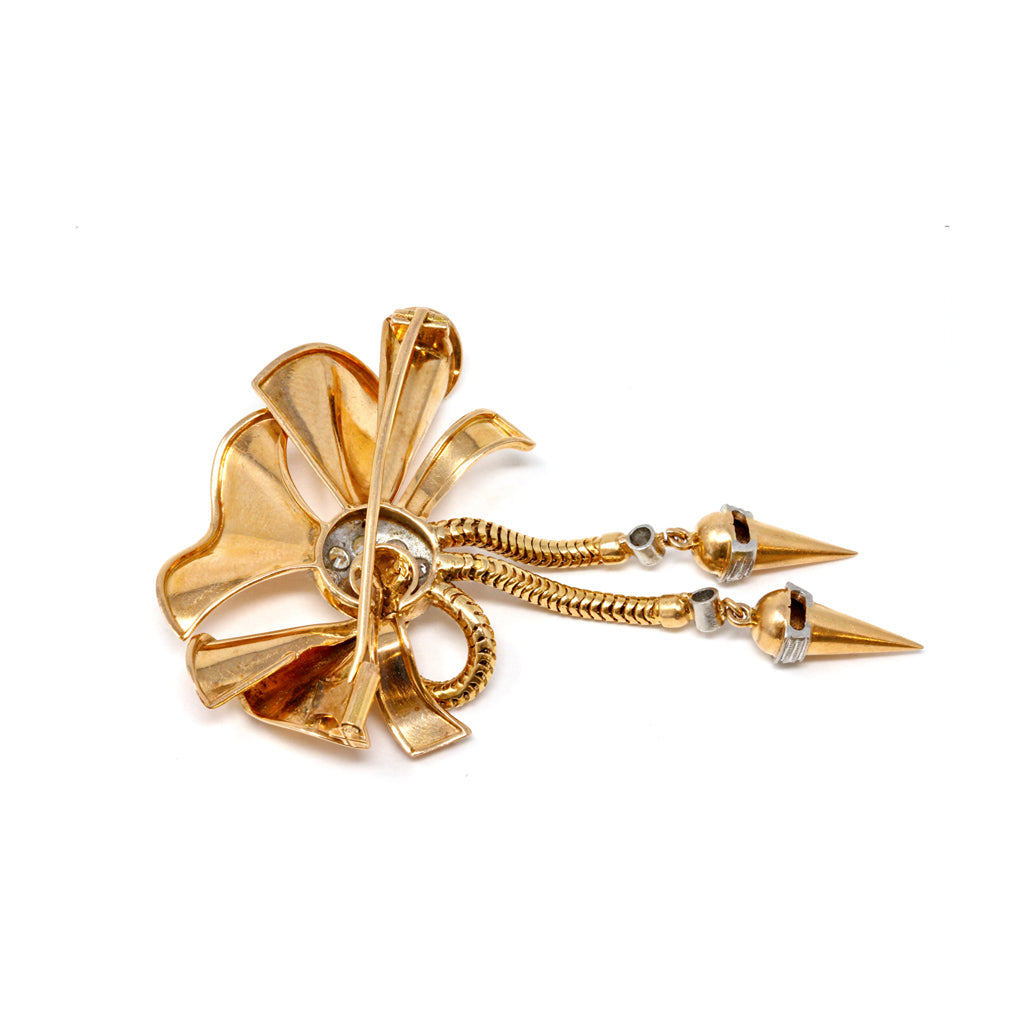 1940s Retro Diamond and Pink Gold Bow Brooch back view