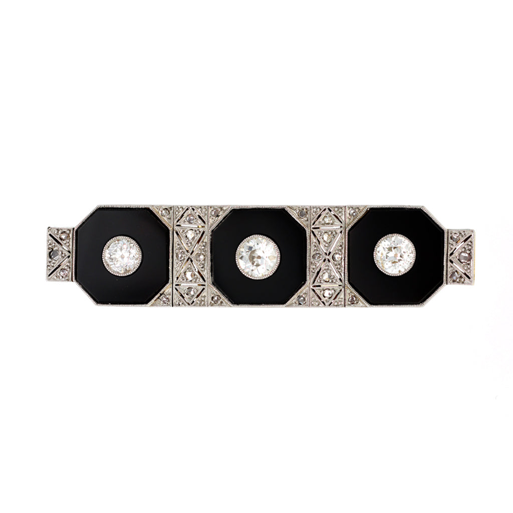 Art Deco Three Stone Brooch with Diamonds Onyx set in Platinum and 14k Gold  front view