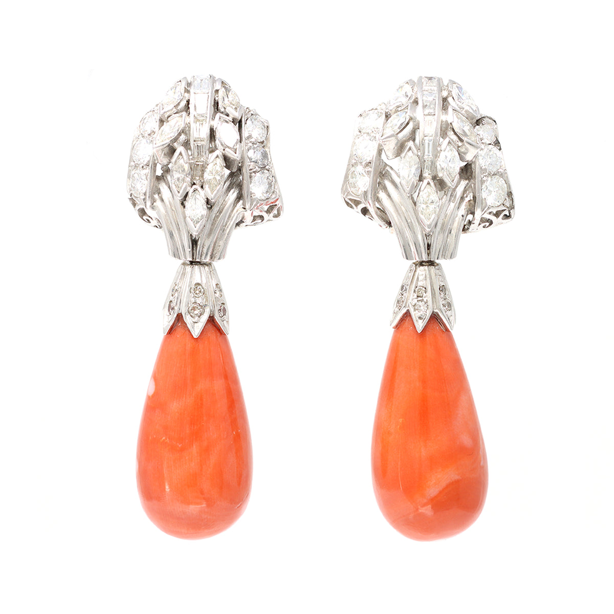 Coral Drop and Diamond Earrings Circa 1950 in Platinum front view