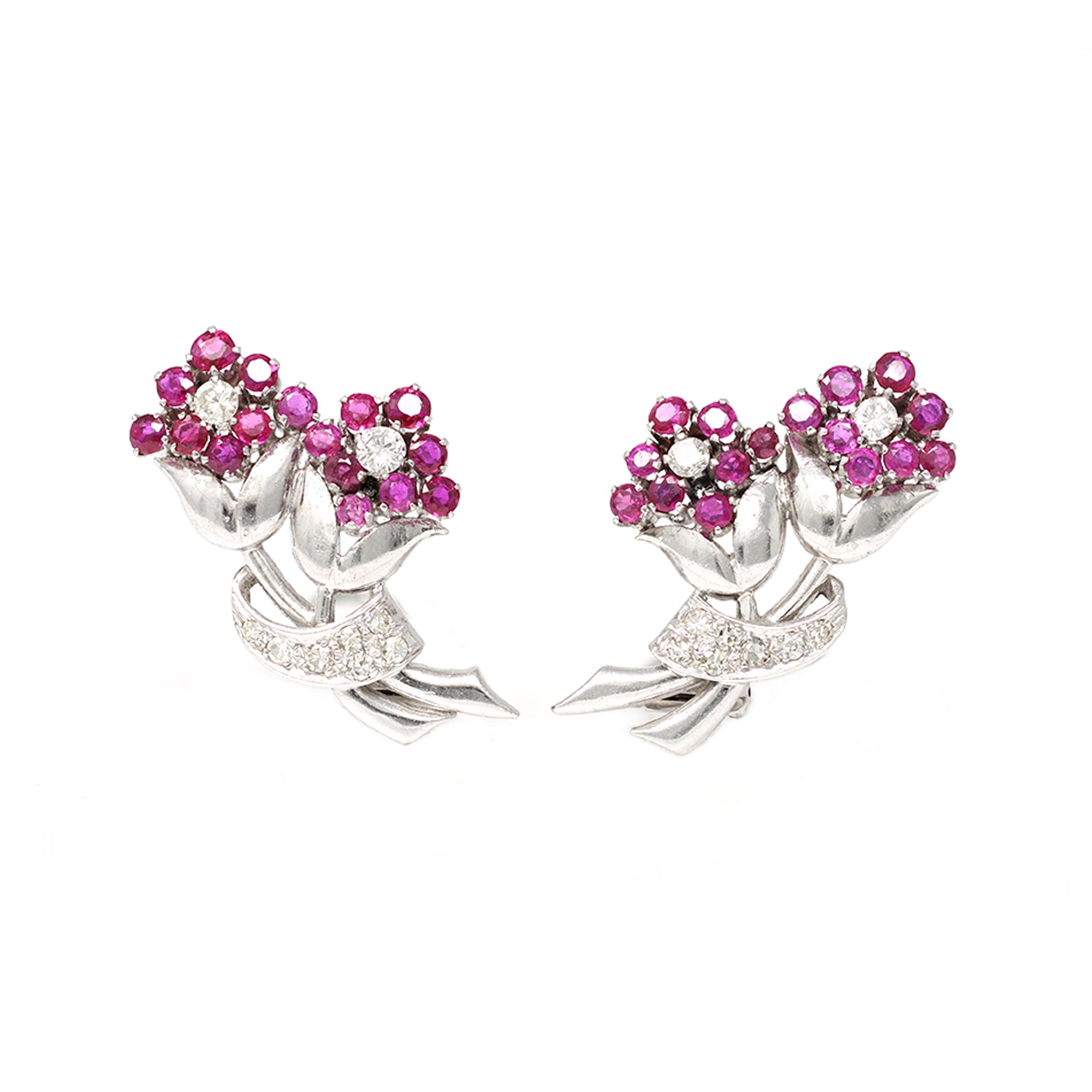 Platinum Ruby and Diamond Flower Clip-On Earrings, circa 1950 front view