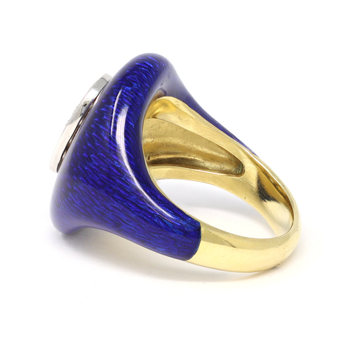 Guilloche Blue Enamel Diamond Ring in 18K, Circa 1960 angle view
